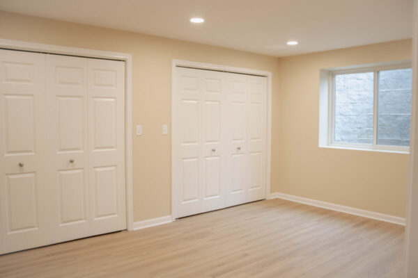 basement bedroom with two closets